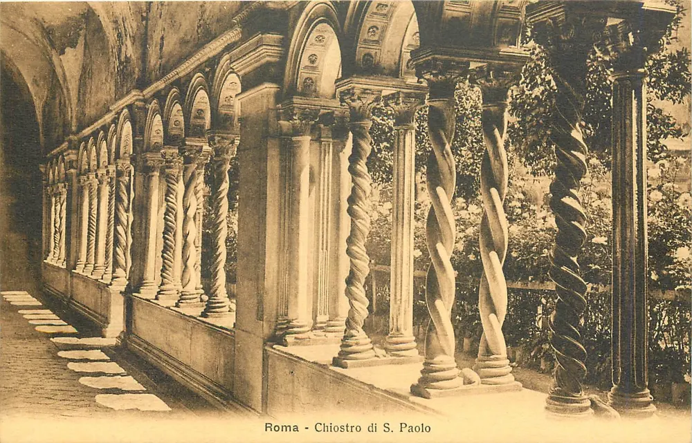Roma - Chiostro di S. Paolo — vista das colunas torcidas — Fototipia Alterocca - Terni, n°66 - Frente