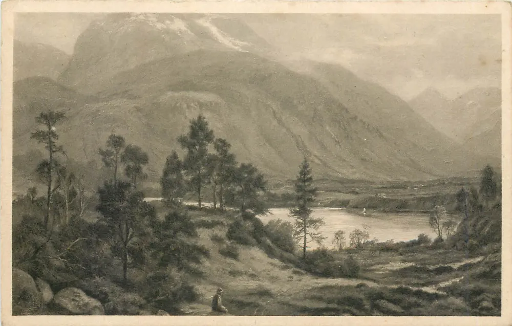 Lago e montanhas cobertas de neve — paisagem norueguesa — editor não identificado - Frente