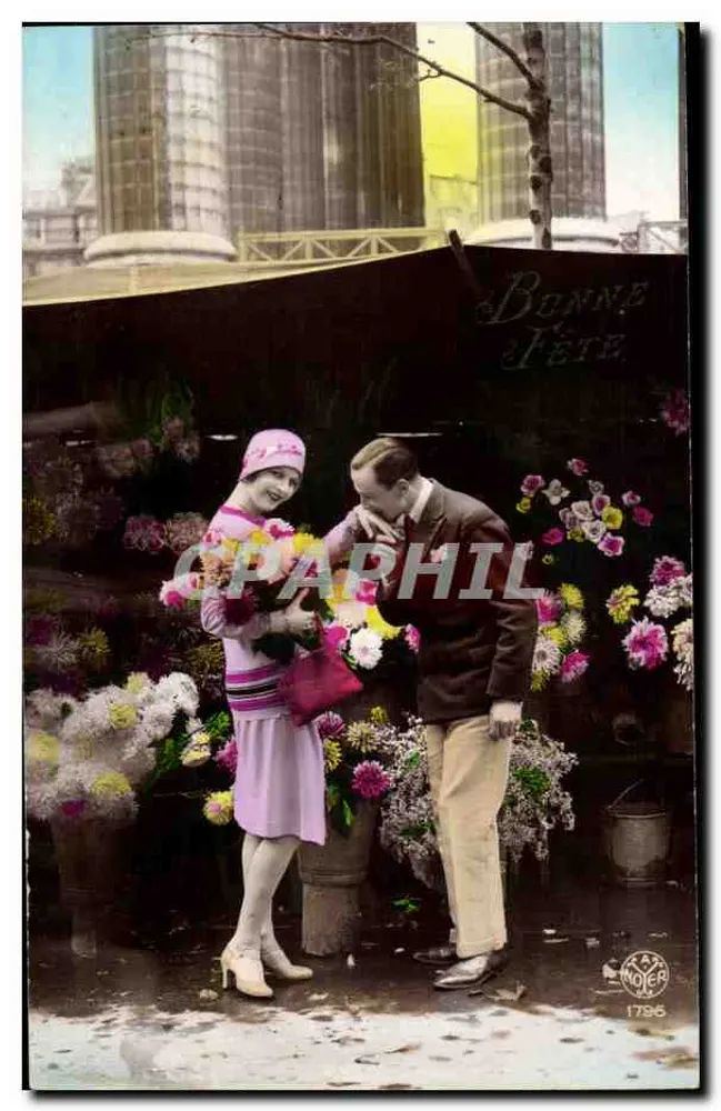 Jeune couple devant un étal de fleurs — Bonne Fête — éditeur NODIER n° 1795 - Recto