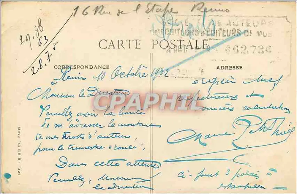 Reims — Rue Chanzy — Les Six Cadrans — Édit. E. Dumont, 122, Rue de Vôyle — Reims - Verso