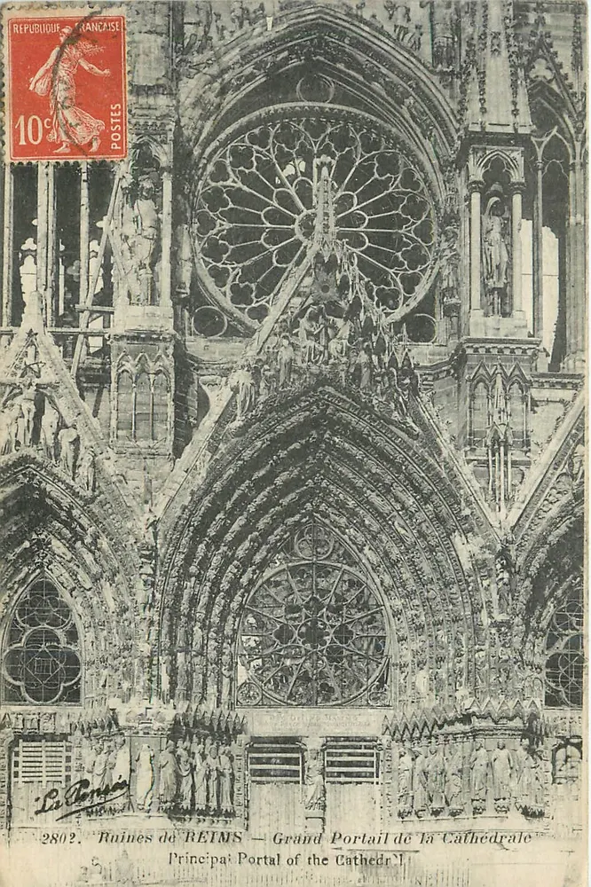 Ruines de REIMS — Grand Portail de la Cathédrale — La Bergerie, n° 2802 - Recto