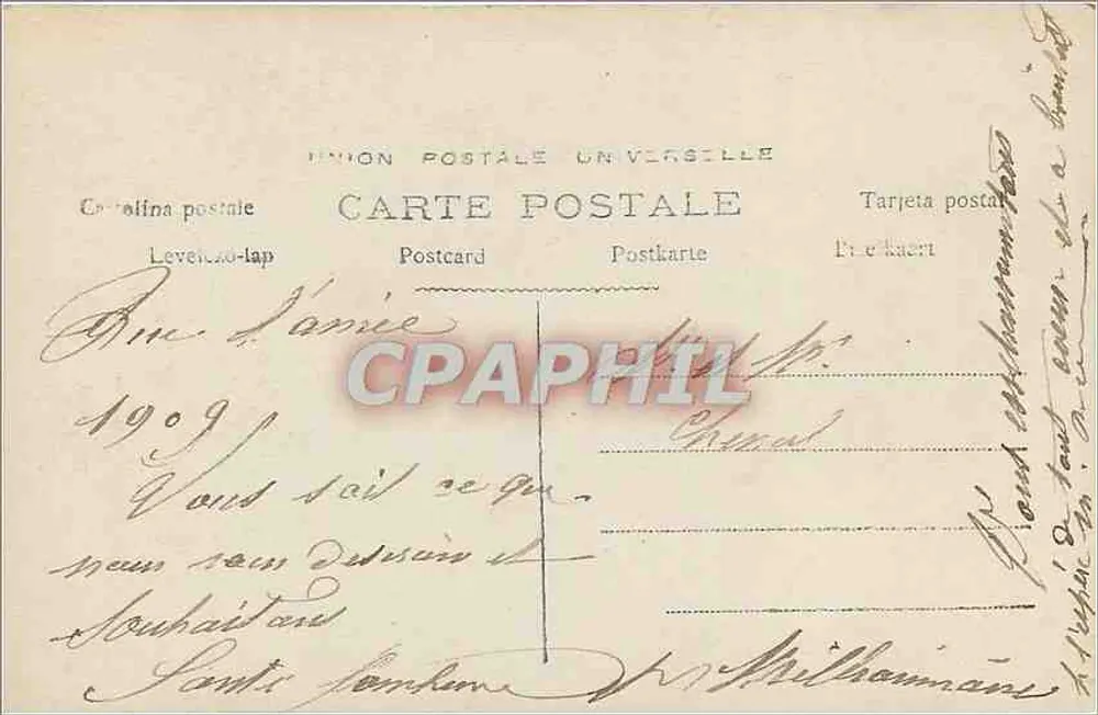 Mulher com chapéu florido — Boa Ano — União Postal Universal - Verso