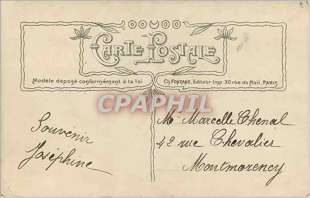 Mulher jovem em vestido decorado — flores e paisagem — editor Croissant, Paris, n°3122 - Verso