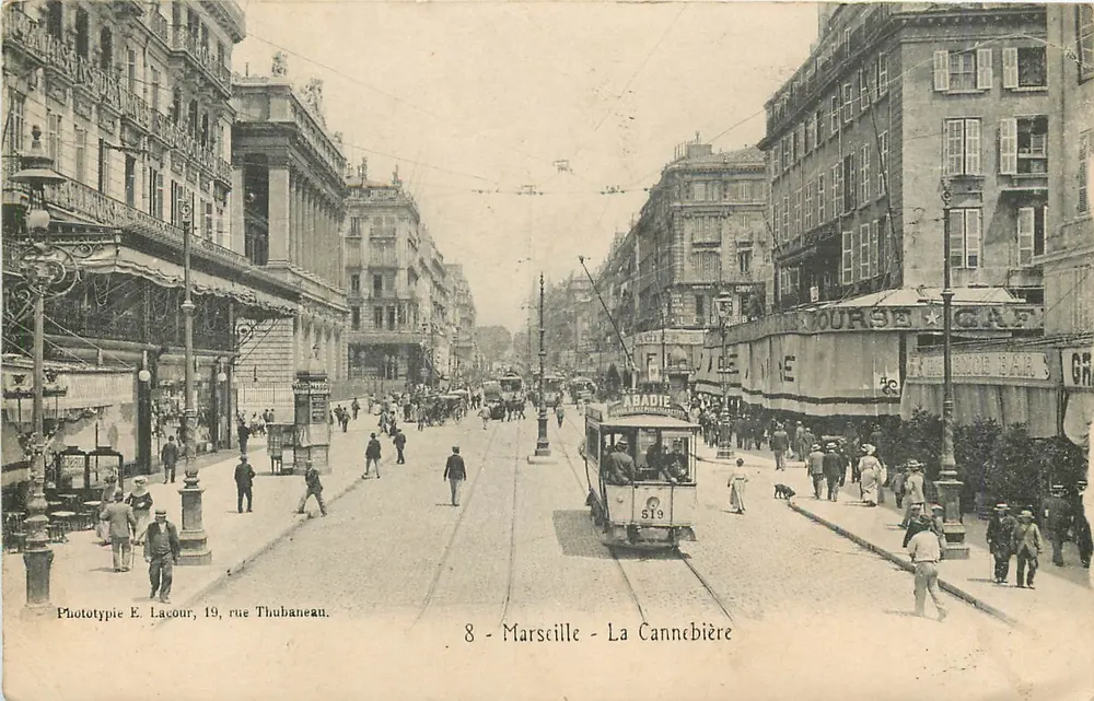 Marselha - La Cannebière — trem n°519 — Fototipia E. Lacour, 19, rua Thubaneau - Frente