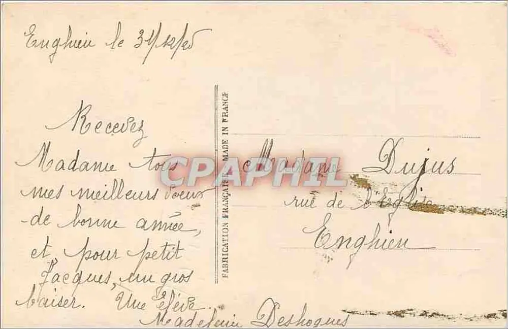Paisagem com igreja — rosas e texto 'Bonne Année' — Paris 1020 - Verso