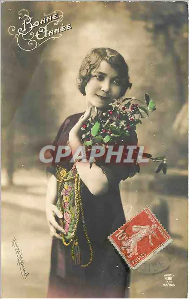 Jovem mulher segurando um buquê — Boa Ano — Foto H. Wand, n° 31/186 - Frente