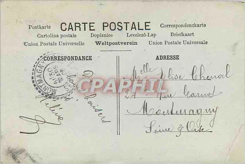 Donna che tiene un mazzo di rose e un cesto di pesci — M.F. PARIS - Verso