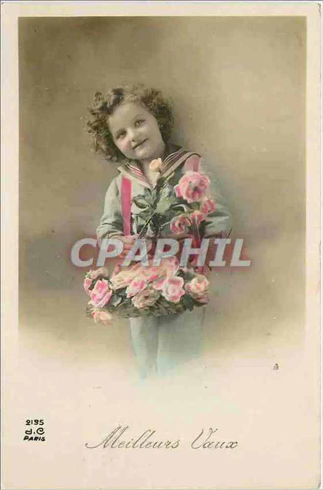 Menina vestindo uniforme de marinheiro segurando um cesto de rosas — Melhores Desejos — J. C. Paris n°2195 - Frente