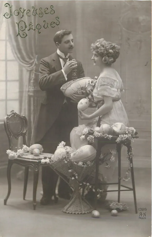 Feliz Páscoa — cena de casal com balões — A.N. Paris, n°1326 - Frente