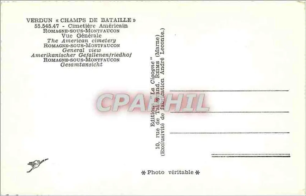 Verdún — Campos de Batalla — Cementerio Americano — Edición La Cigogne - Reverso