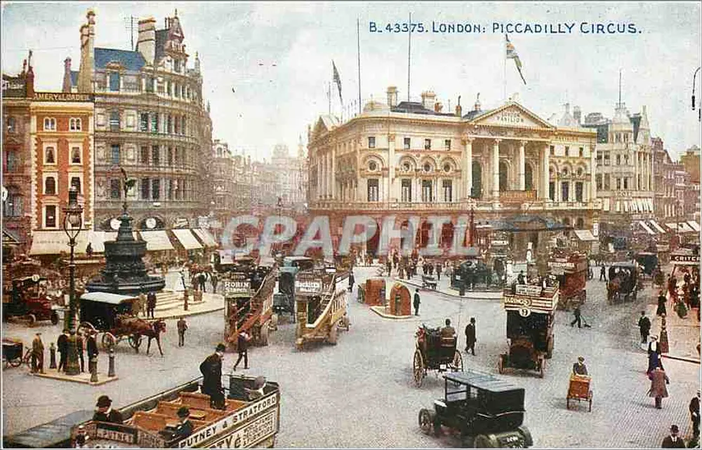 पिकाडिली सर्कस — लंदन — प्रकाशक The Photochrome Co. Ltd., श्रृंखला संख्या B.43375 - आगे