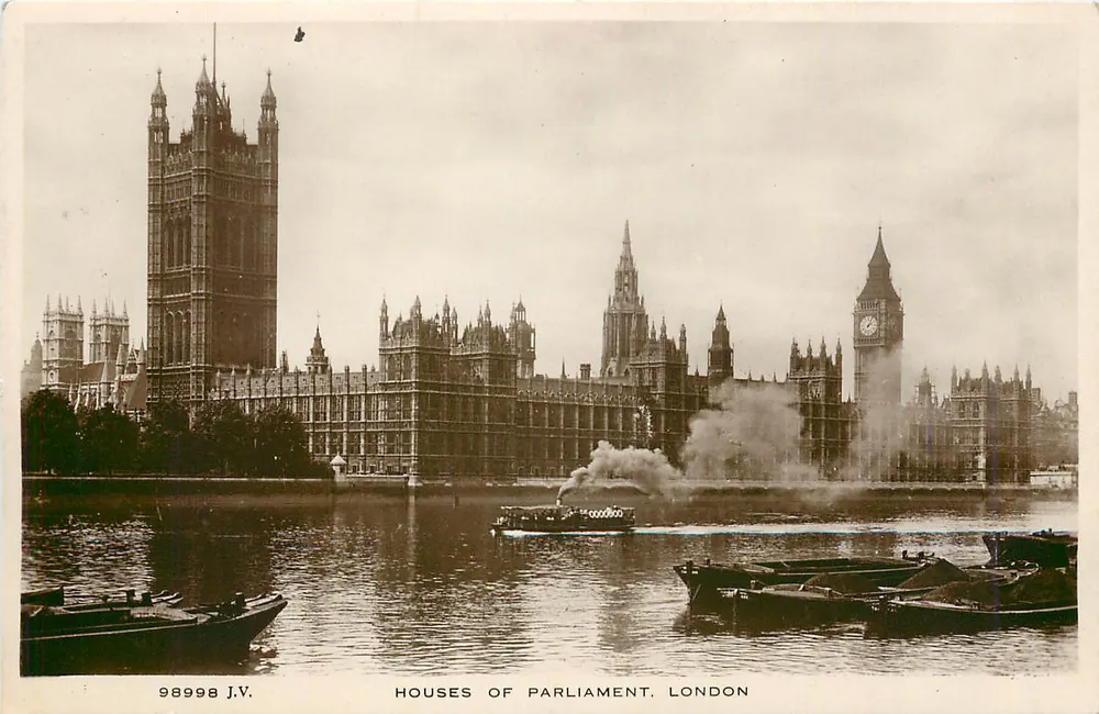 Häuser des Parlaments, London — Blick auf den Fluss mit Booten — J.V. n° 98998 - Vorderseite