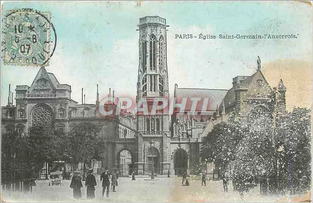 Paris - Igreja de Saint-Germain-l'Auxerrois — vista da fachada e da torre, editor não identificado - Frente