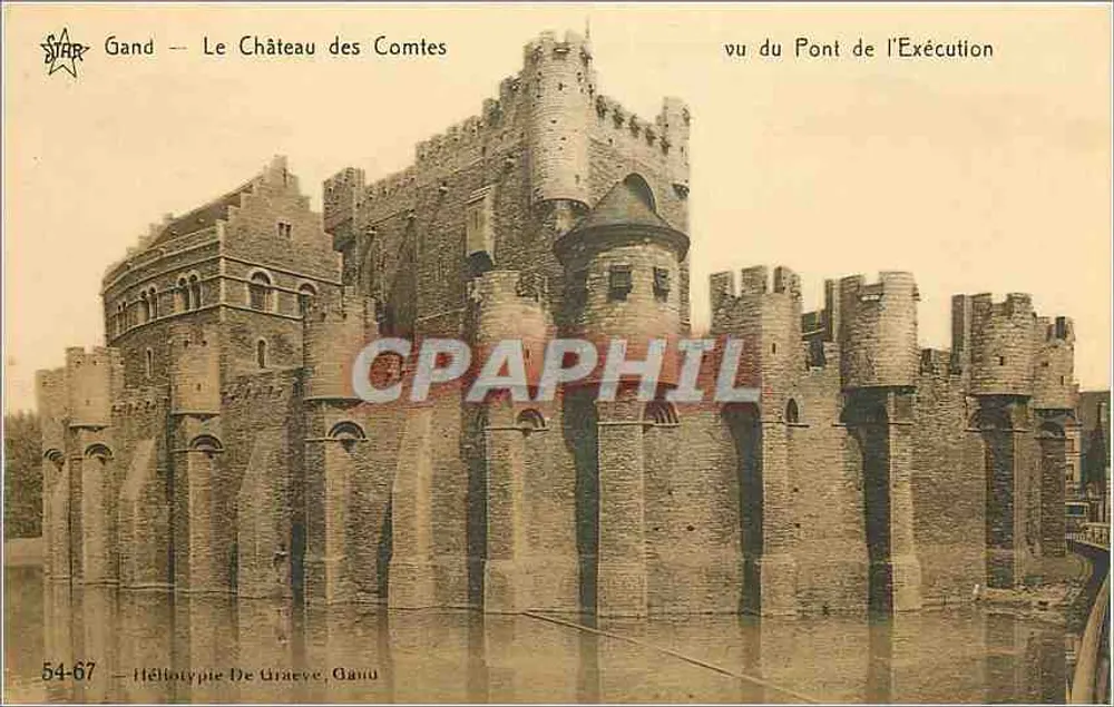 Gand — Il Castello dei Conti — vista dal Ponte dell'Esecuzione — Héliotypie De Graeve, Gand - Recto