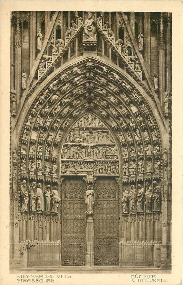 Portal gótico da catedral de Estrasburgo — vista detalhada — Kunstverlag J. Reitz, Estrasburgo / Els. - Frente