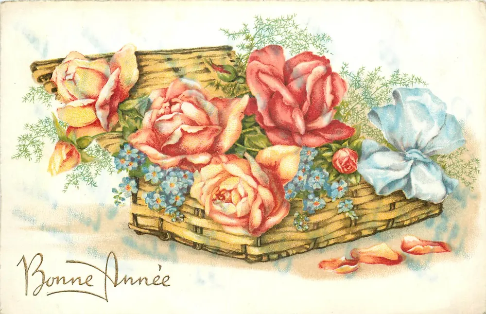 Arranjo de rosas em um cesto — Boa Ano — M.D. Paris, série 4.350 - Frente