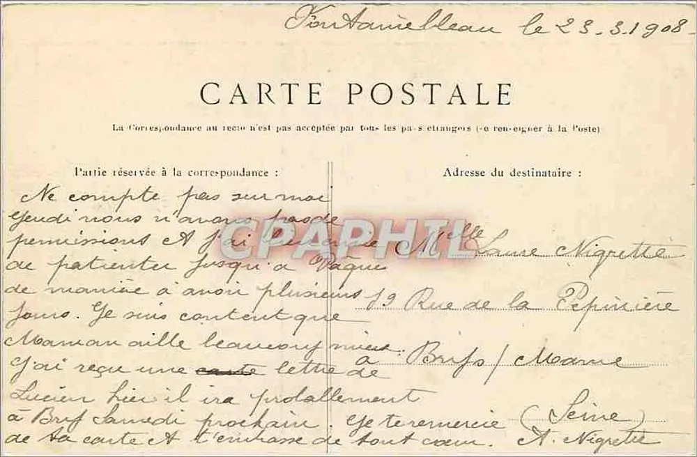 Palais de Fontainebleau — Aufnahme im englischen Garten — Phototypie L. MÉNARD, Fontainebleau - Rückseite