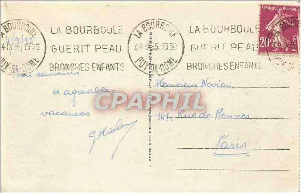 La Bourboule - Gardens of the Thermal Establishment — Vintage Postcard no. 98, publisher CP DES ARTS PHOTOGRAPHIQUES - Back