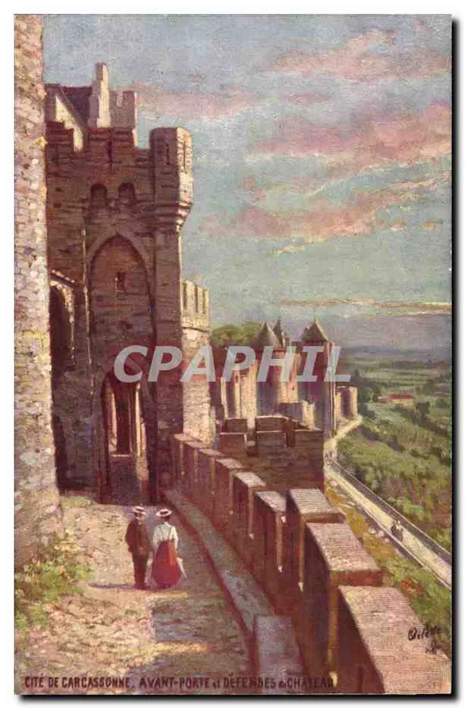 Carcassonne — Vorderportal und Verteidigungsanlagen des Schlosses — Verlag Tuck & Fils - Vorderseite