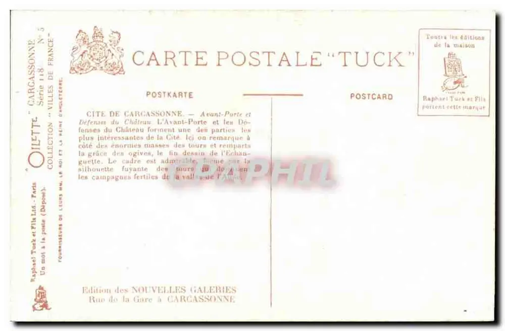 Carcassonne — Vorderportal und Verteidigungsanlagen des Schlosses — Verlag Tuck & Fils - Rückseite