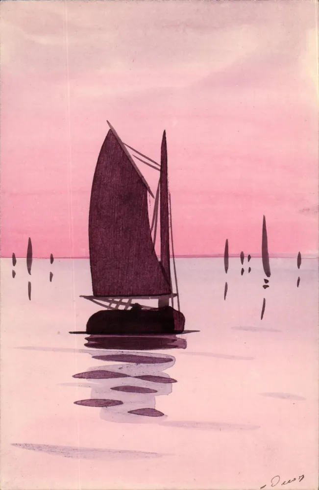 Bateau à voile — coucher de soleil rose — dessin signé 'Desson' - Recto