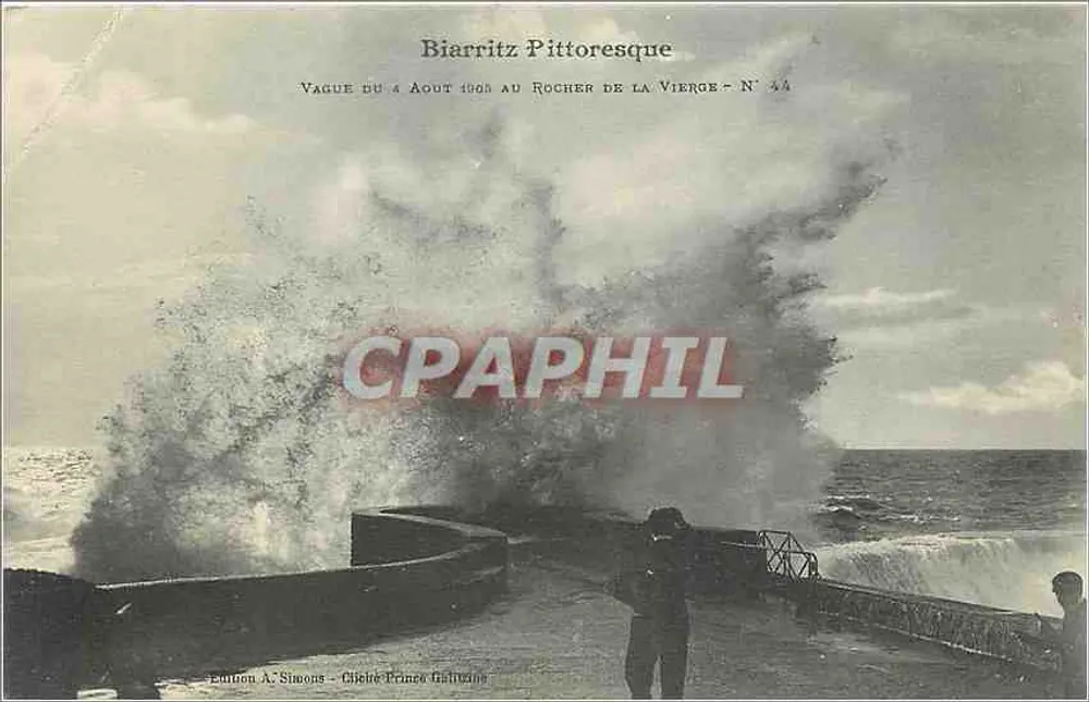 Biarritz Pittoresque — Vaga do dia 4 de agosto de 1905 no Rocher de la Vierge — N° 44 — Edição A. Simons, Chèvre Prince, Lauterbach - Frente