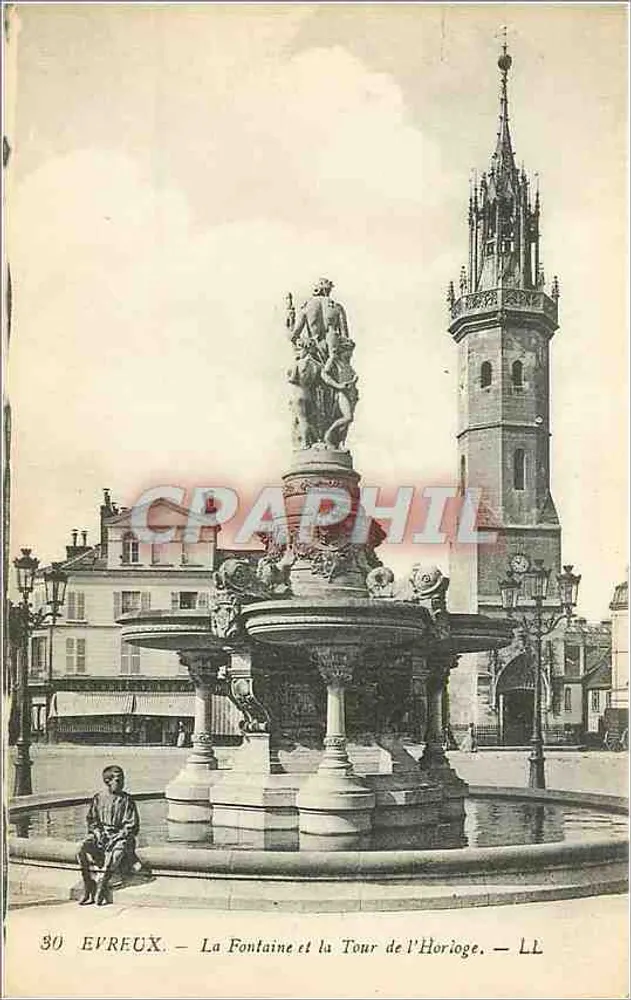 Evreux — Die Fontäne und die Turm der Uhr — LL - Vorderseite