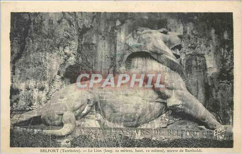 Belfort (Territoire) — Le Lion (long. 22 mètres, haut. 12 mètres), œuvre de Bartholdi — E. Karer, n° 167 - Recto