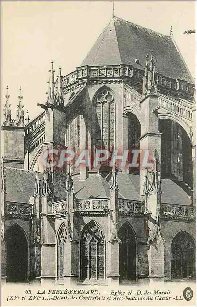 La Ferté-Bernard — Dettagli dei contrafforti e degli arcobottoni della Chiesa di Nostra Signora dei Marais (XVe e XVIe secolo) — Leyf Fils & Cie, 44, rue Léonie - Recto