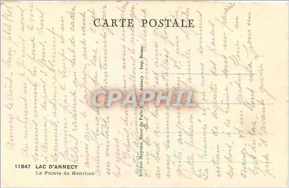 A Ponta de Menthon — Lago de Annecy — Edição Mayoux, Bazar do Puits, Annecy - Verso