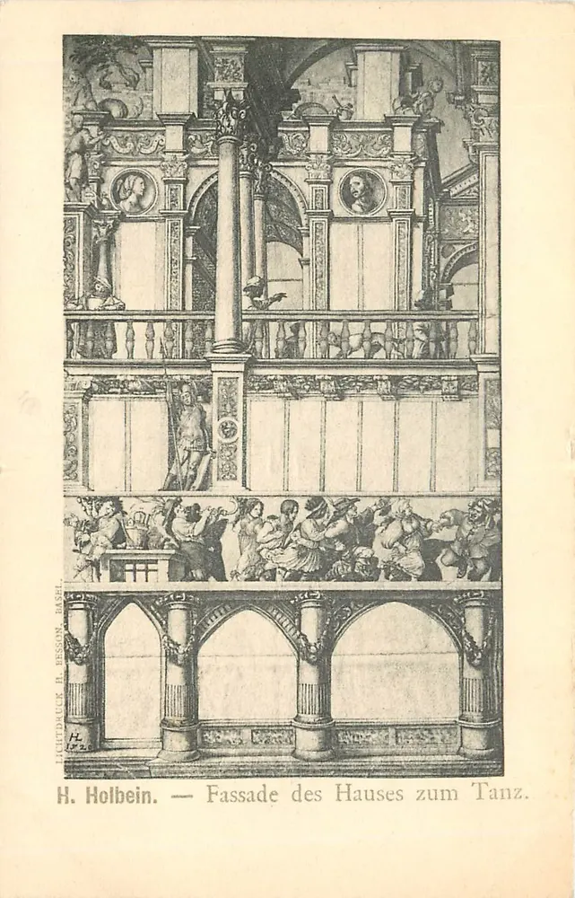 H. Holbein — Fassade der Hauses zum Tanz. — Lithografie von H. Besana nach H. Holbein. - Vorderseite