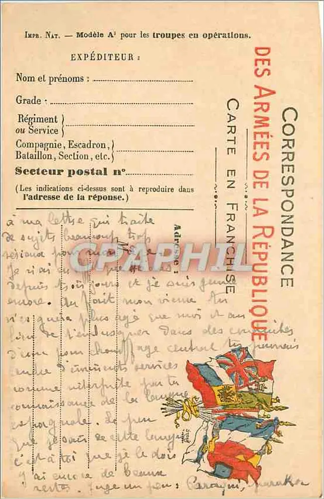 Carta de correspondência das Forças da República — Exército francês em operações — com texto manuscrito - Frente