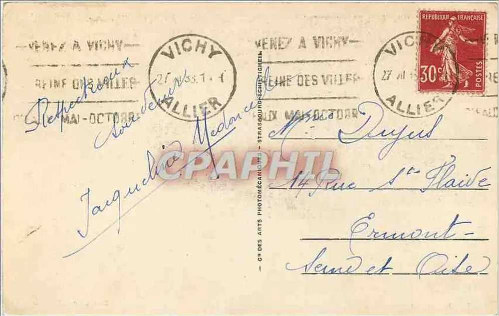 Vichy — Fonte do Hospital — Bilhete postal antigo n°36, editor C.P. des Arts Photographiques - Verso