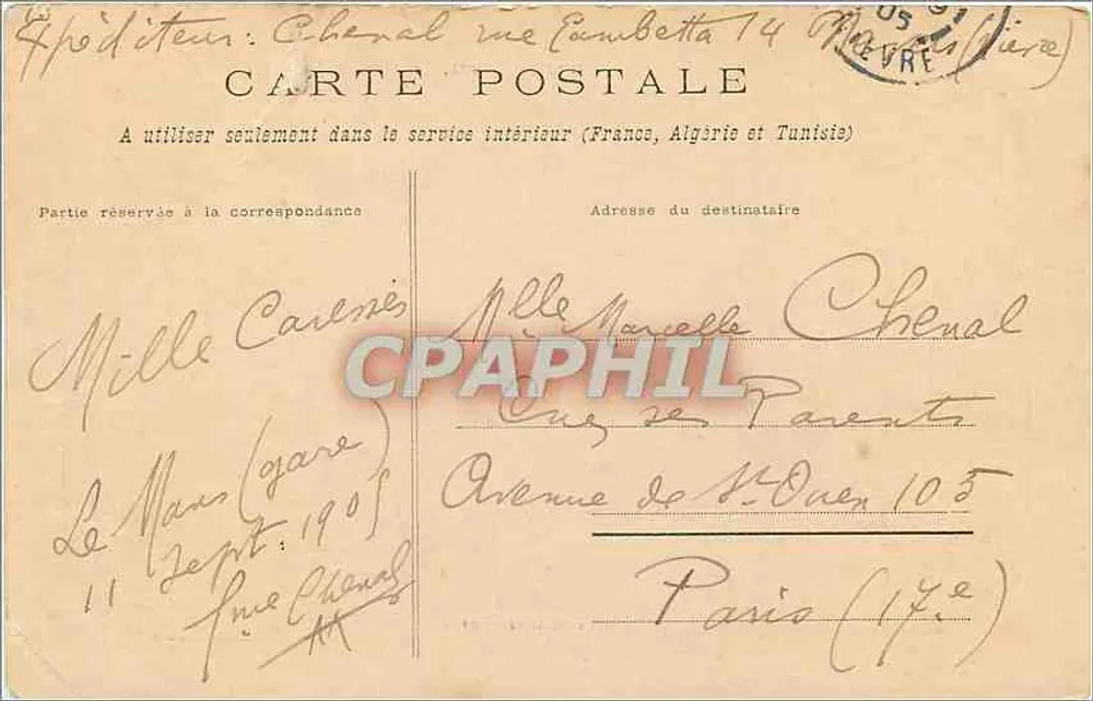Le Mans — Rue Gambetta — vue de la Nouvelle Taverne, éditeur IMP. E. HOUSSBEAU - Verso