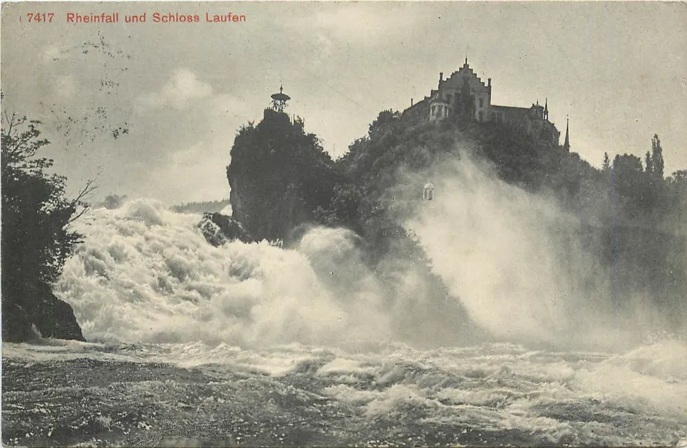 Rhinfall and Laufen Castle — view of the castle on the Rock — publisher Schlösschen Wörth, no. 7417 - Front