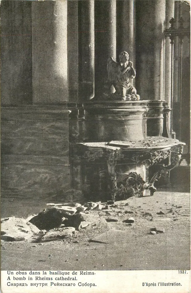 Obus w bazylice w Reims — D'Après l'Illustration — n° 1937 - Awers