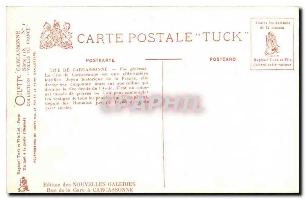 Cidade de Carcassonne — Vista Geral — Tuck & Fils, Série 118 - Verso