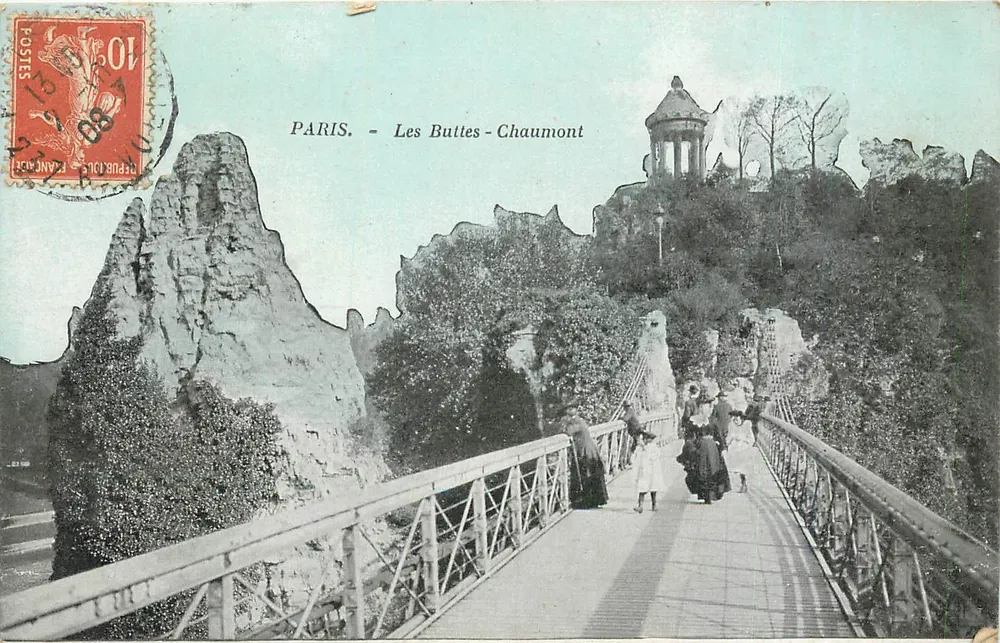 PARIS. - As Buttes-Chaumont — Ponte suspensa e rochedos — editor não identificado - Frente