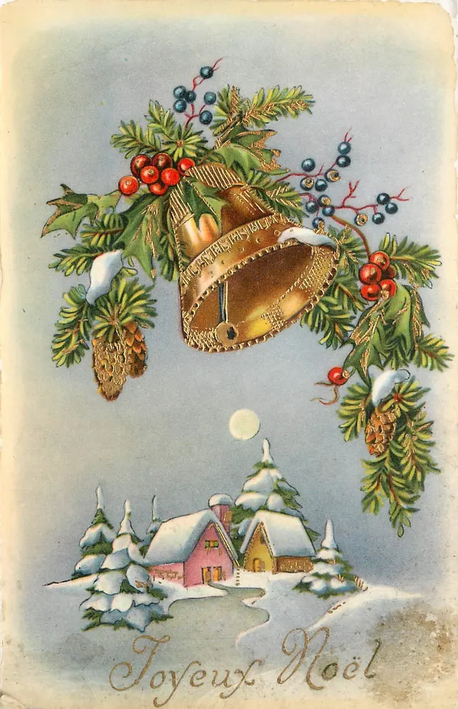Campanário de Natal — decoração de abetos, ivone e campana — editor Becami, série S4377/5 - Frente