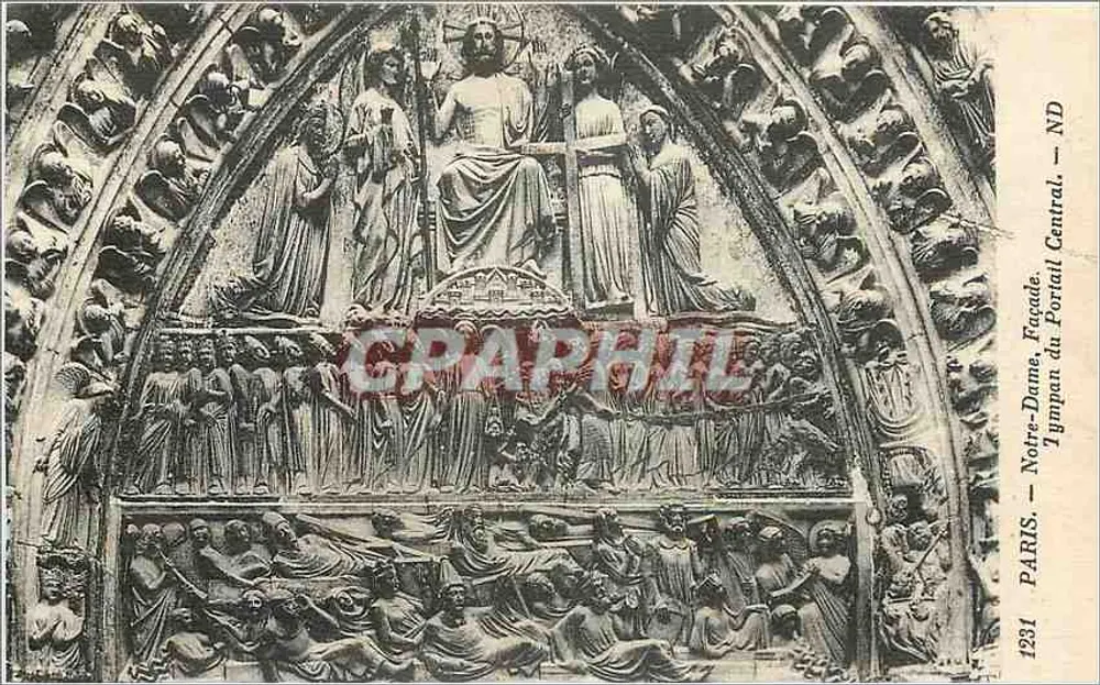 Paris — Notre-Dame, Fachada. Tímpano do Portal Central — Editor: C. V. e V. Letellier, Paris. Número de série 1231 - Frente