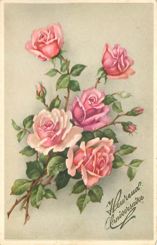 Arranjo de rosas — Aniversário — Editor Belga, n° 385 - Frente
