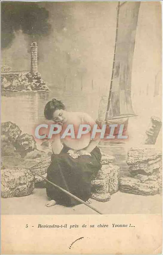Femme assise près d'un phare — scène maritime — éditeur anonyme, n°5 - Recto