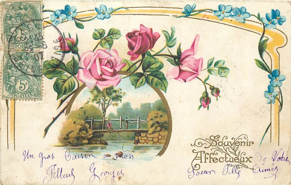 Rosas e ponte — Lembrança Afetuosa de Vabs — J.C. Paris 508 - Frente
