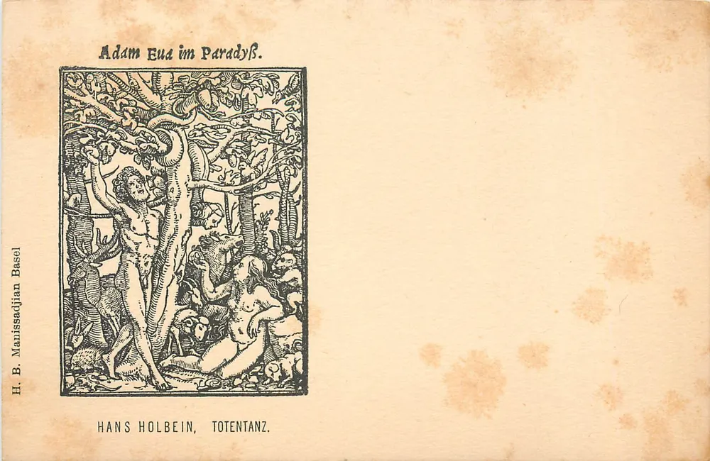 Adamo ed Eva nel Paradiso — incisione di Hans Holbein il Giovane — edita da H. B. Manissadjan, Basilea - Recto