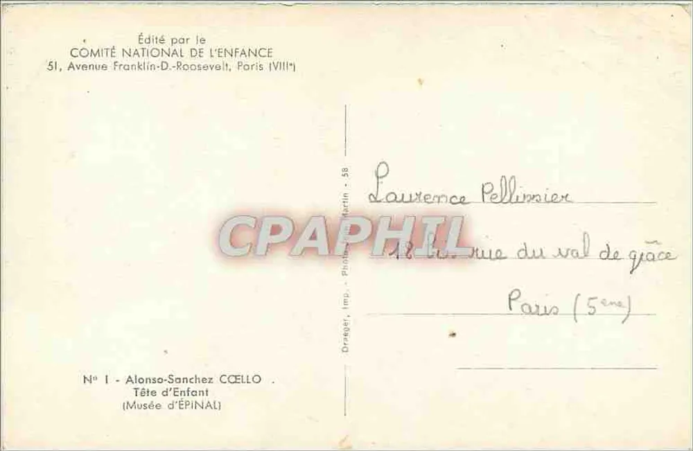 Cabeça de Criança — Museu de Épinal — Editado pelo Comitê Nacional da Criança, n°1 - Verso