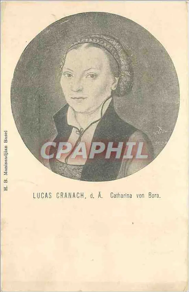 Catharina von Bora — Retrato por Lucas Cranach — H. B. Manissadjan, Basileia - Frente