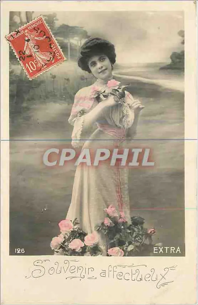 Mulher em vestido com motivos rosa — Souvenir afectuoso — Extra, n°126 - Frente