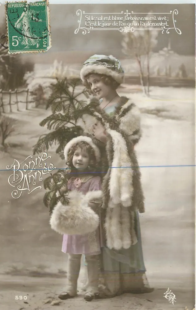 Femme et enfant en tenue d'hiver — scène hivernale — éditeur anonyme, n° 590 - Recto