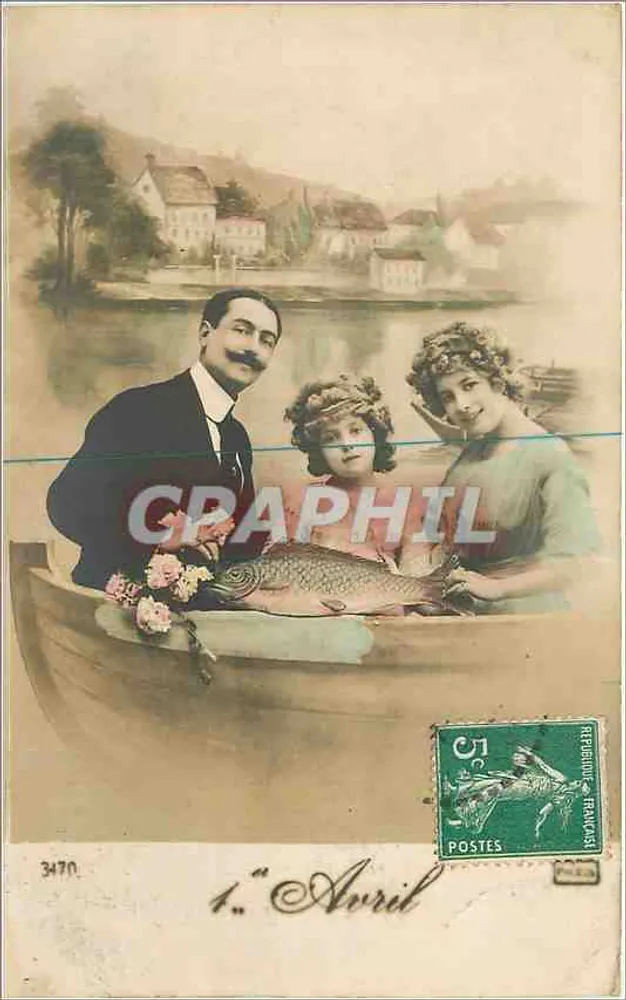 Família em barco com peixe — editor E.R. Paris, n° 3470 - Frente