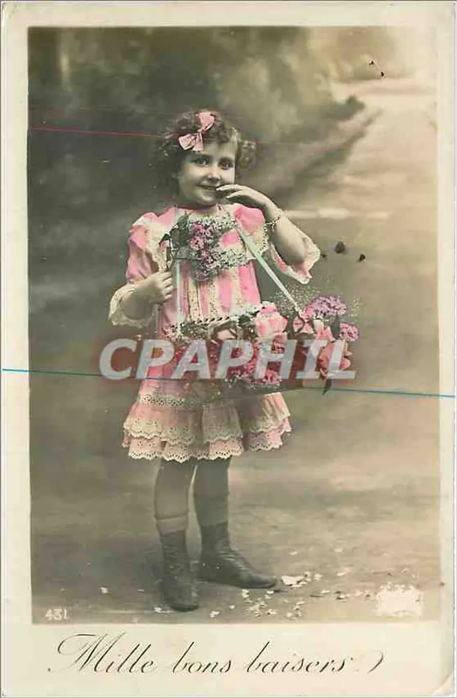 Menina pequena em vestido rosa — com buquê — editor anônimo, n° 431 - Frente